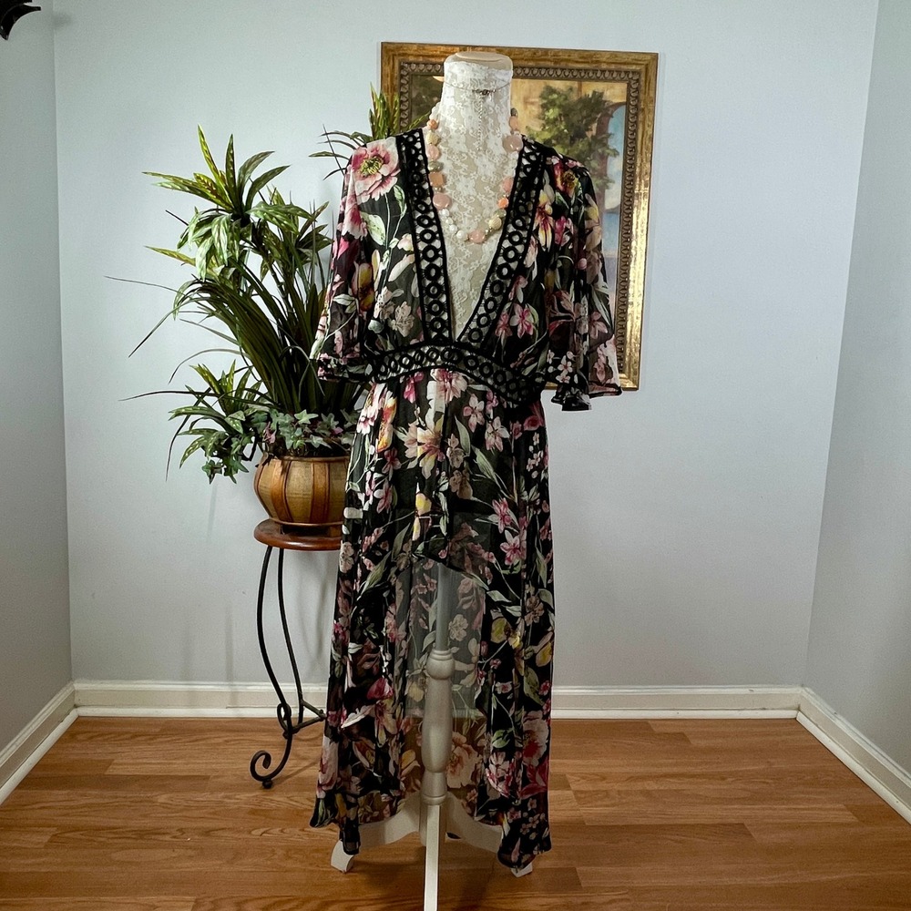 Toby & Olive High Low Kimono Dress Womens XL Black Floral Polyester Crochet Trim